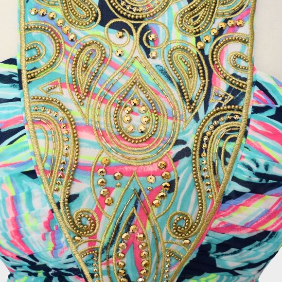 LILLY PULITZER Lannette High Tide Dancing Lady Maxi Halter Dress Size 10 - Picture 6 of 11